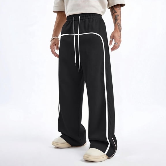 Men's Zipper Joggers Solid-Color Loose Casual Pocket Drawstring Elastic-Waist Sports Jogging Trousers Breathable Active Pants for Men