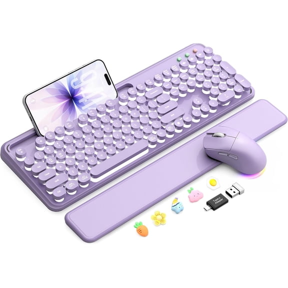 Wireless Keyboard and Mouse Combo, Backlit Typewriter Keyboard with Round Keys, Magnetic Wrist Rest & Phone Holder, Rechargeable 2.4GHz Set for Mac, Windows, PC – Soft Lilac