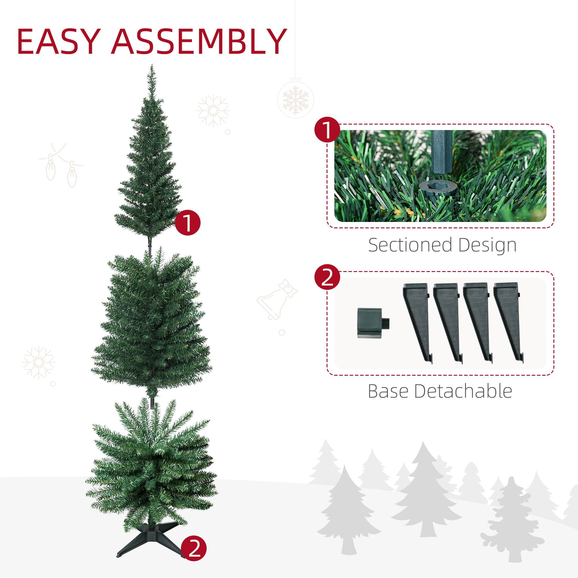6Ft Pencil Christmas Tree, PVC Hinged Unlit Slim Artificial Christmas Tree for Home Party Holiday Decoration