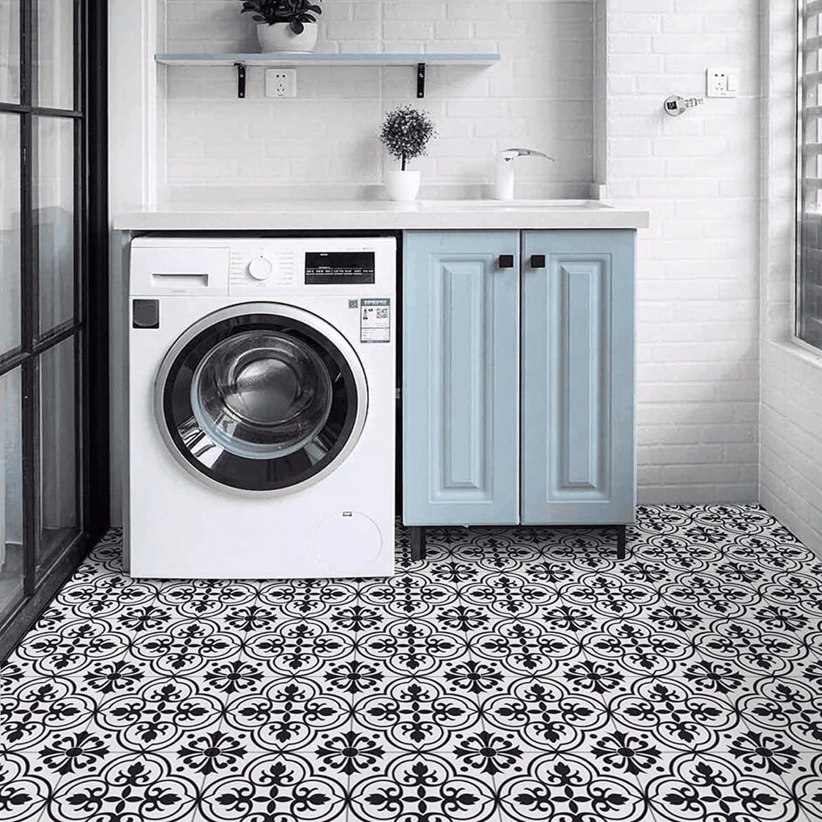 Abyssaly Peel and Stick Floor Tile 11.8" x 11.8" 10 Pcs Black and White Flower Floor Vinyl Flooring Waterproof DIY Flooring for Bathroom, Kitchen, Bedroom, Living Room