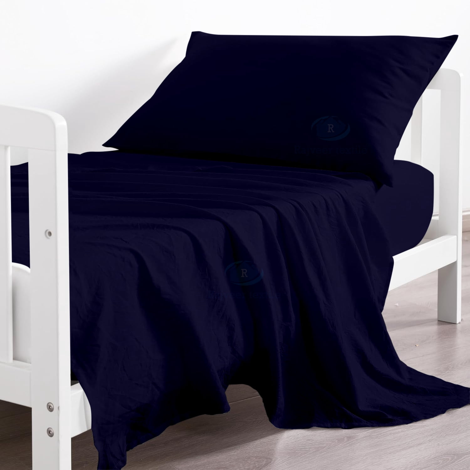 Egyptian Cotton 3-Piece Toddler Bedding Set Includes Crib Mattress Sheet Upto 8" Deep Pocket, Flat Sheet and Envelope Pillowcase, Silky Soft, Breathable and Lightweight, Navy Blue Color