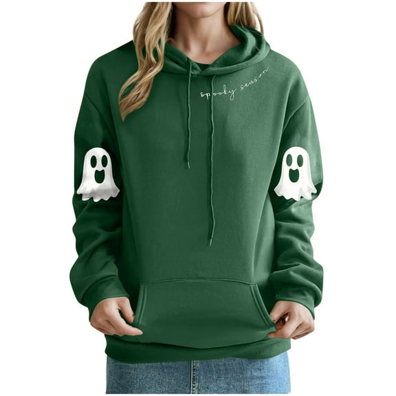 JSheng Halloween Printed Hoodies for Women Ladies' Long sleeve Hooded Printing Drawstring Comfy Sweatshirts Army Green L