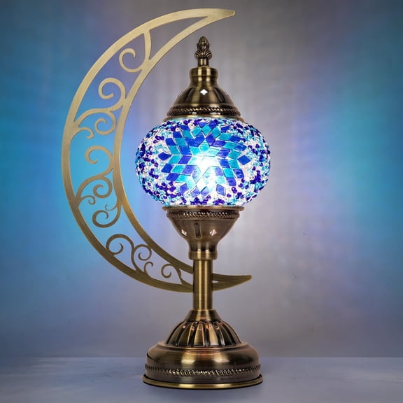 Turkish Mosaic Lamp with Moon - 3 Color Tempertures Bedside Lamp for Bedroom with Moon Shaped, Moroccan Glass and Bronze Base, Night Light Decor, Includes LED Bulb