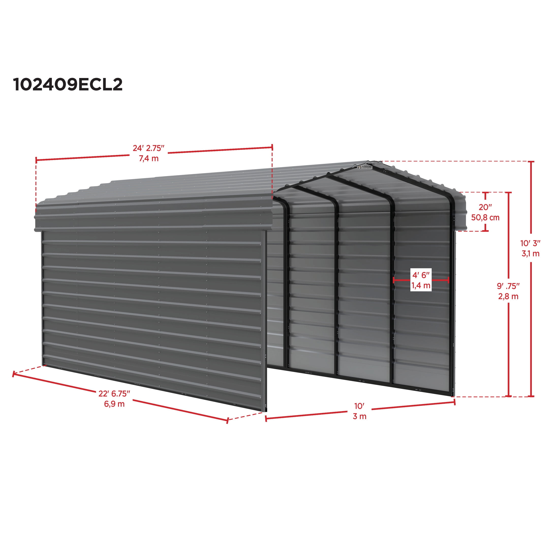 Arrow 10 x 24 x 9 ft Charcoal Steel Carport With 2 Side Wall Kit