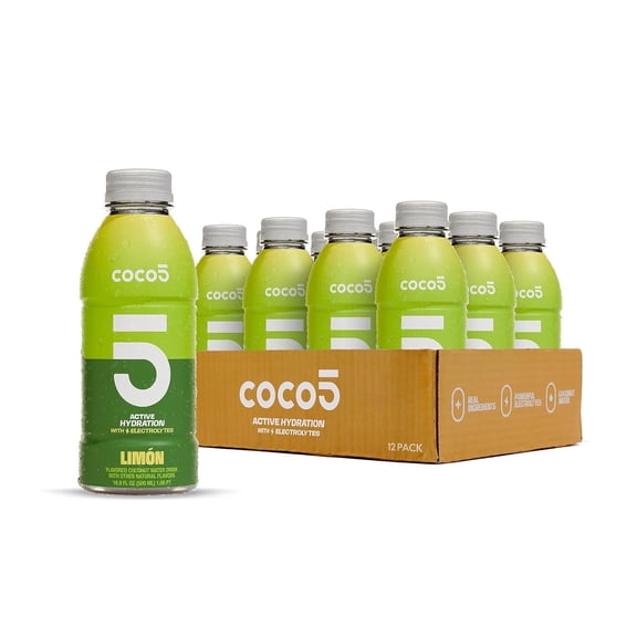 COCO5 Limon Coconut Water, Active Hydration Citrus Lime Electrolyte Drink, 50% Less Sugar, Caffeine Free, Vegan, 16.9 oz, 12 Count
