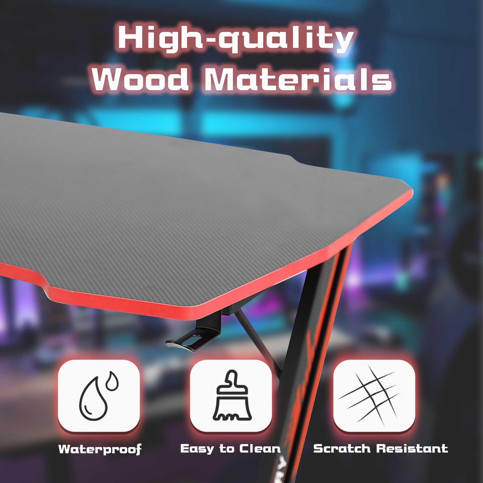 Yrllensdan Z-Shaped Gaming Desks with Headphone Hook and Adjustable Feet Gaming Table Desk, Red