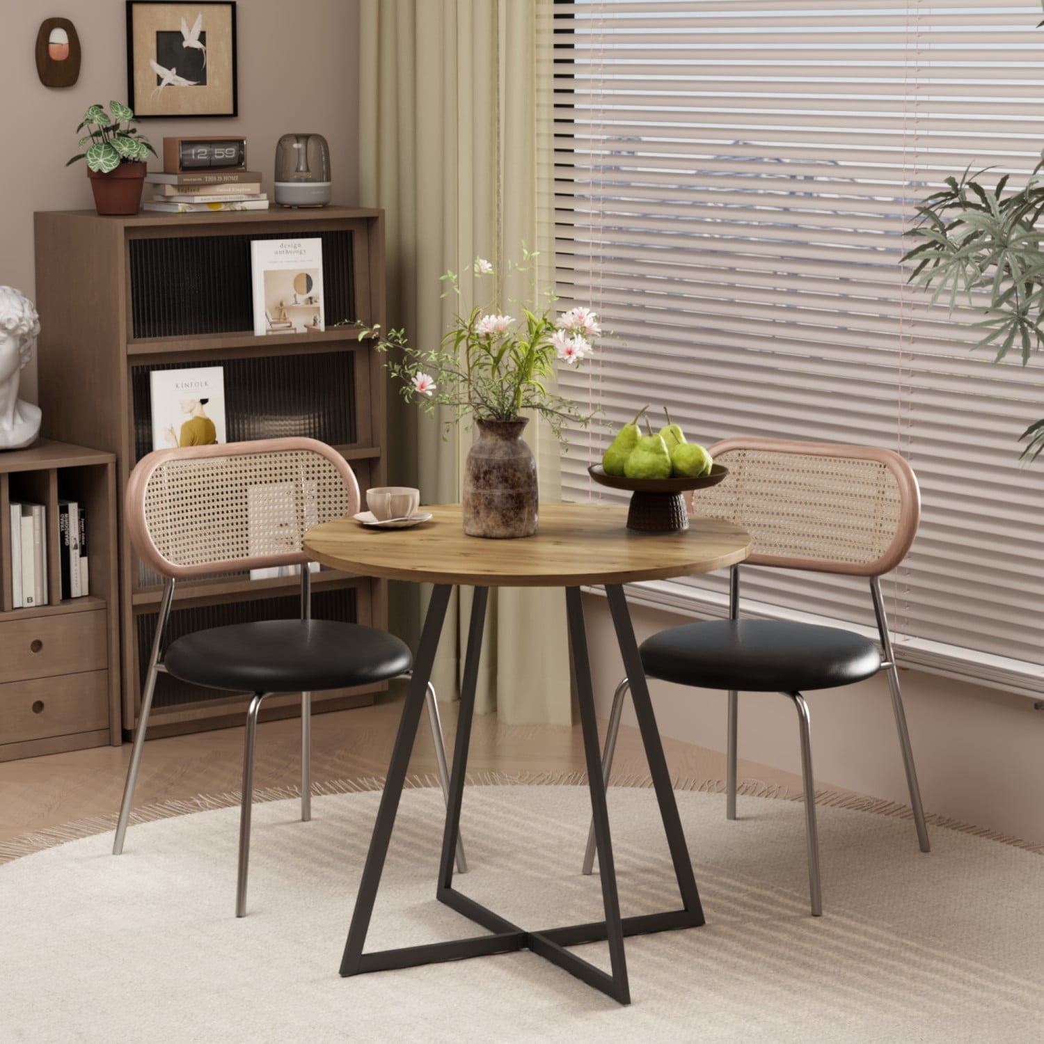 31.5" Round Dining Table, Modern Small Kitchen Table with Wood-Look Top & Black Metal Legs, Compact Circle Dining Table for 2-4 People, Apartment, Breakfast Nook & Home Office, Brown