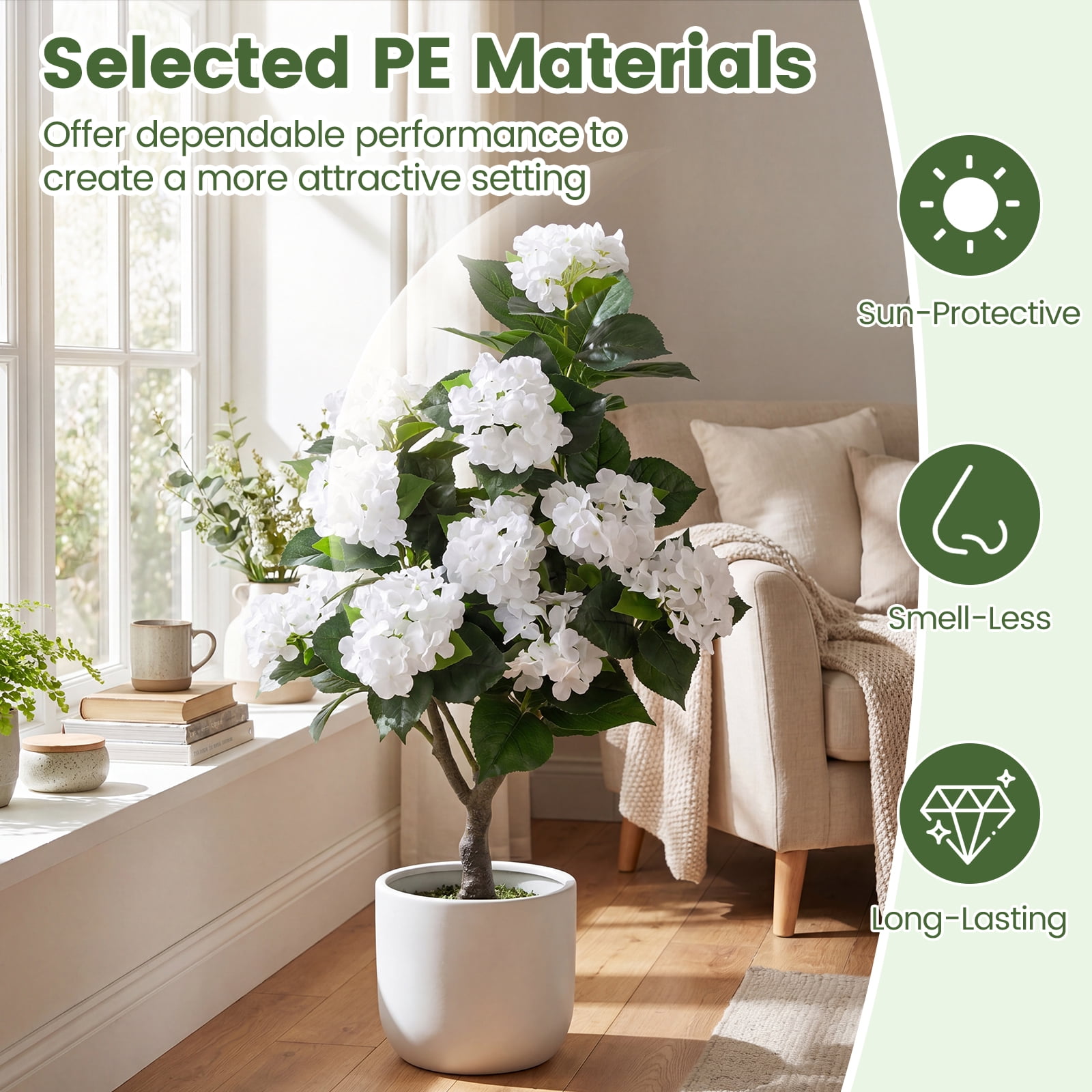Gymax 2-Pack Artificial Hydrangea Tree 43.5'' Faux Flower Plants w/ 11 Blooms & Realistic Trunk in Cement Pot
