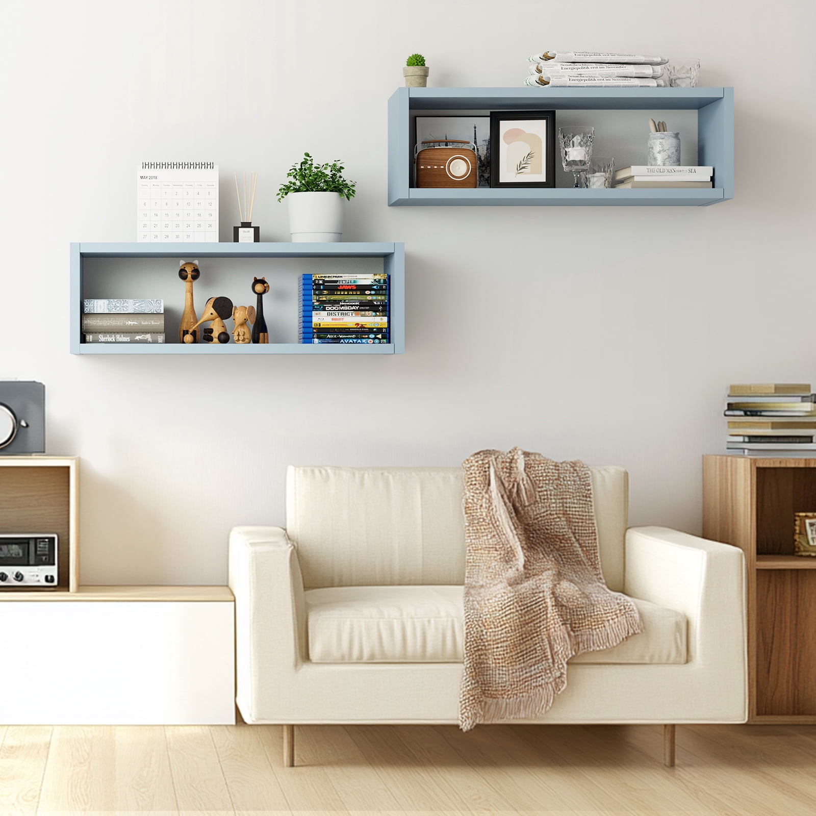 Kaboon 24" Floating Cube Shelves, Set of 2, Wall Mount Decorative Hanging Shelves, Peace Blue