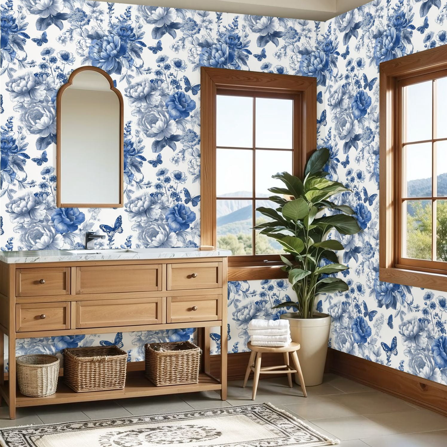 Vintage Peel and Stick Wallpaper 23.6in x 9.8ft Blue Floral Butterflies Hand Drawn Style Contact Paper Vinyl Self-Adhesive Removable Wall Paper for Bedroom Kitchen Cabinet Décor Renter Friendly