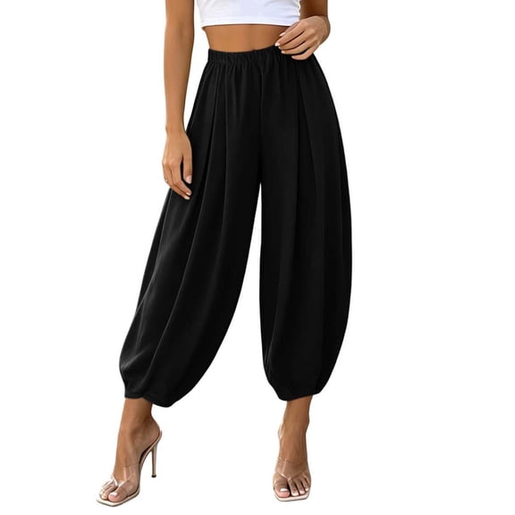 Htigea Womens Cropped Balloon Pants Baggy Wide Leg Slacks Solid Color Summer Elastic Waist Lounge Travel Pants Black S