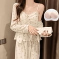 thumbnail image 1 of Pijama de mujer de manga larga con tirantes y pantalones, conjunto de tres piezas con almohadilla para el pecho, Pure Desire, ropa de hogar con flores dulces, estilo primavera y otoño, 1 of 4