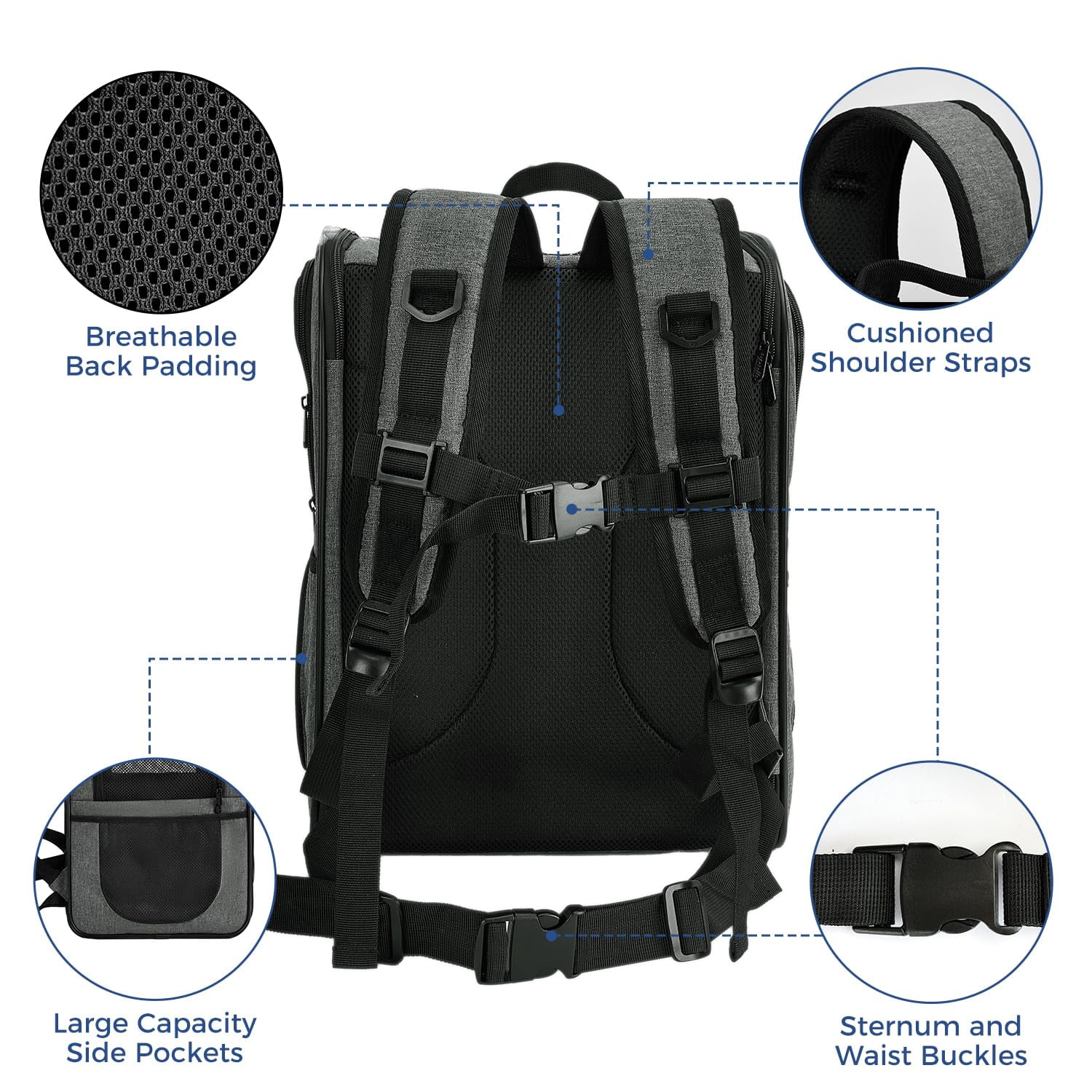 Dog & Cat Carrier Backpack for 4-18lb Pets - Safety Features with Cushioned Back Support, Breathable Mesh Pet Backpack for Hiking, Travel, Outdoor (Gray)