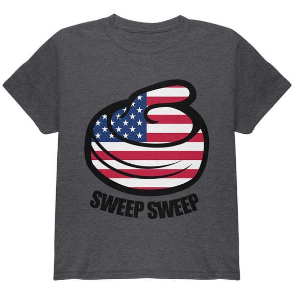 Winter Sports Flag Curling Sweep Sweep USA Youth T Shirt Heather YLG