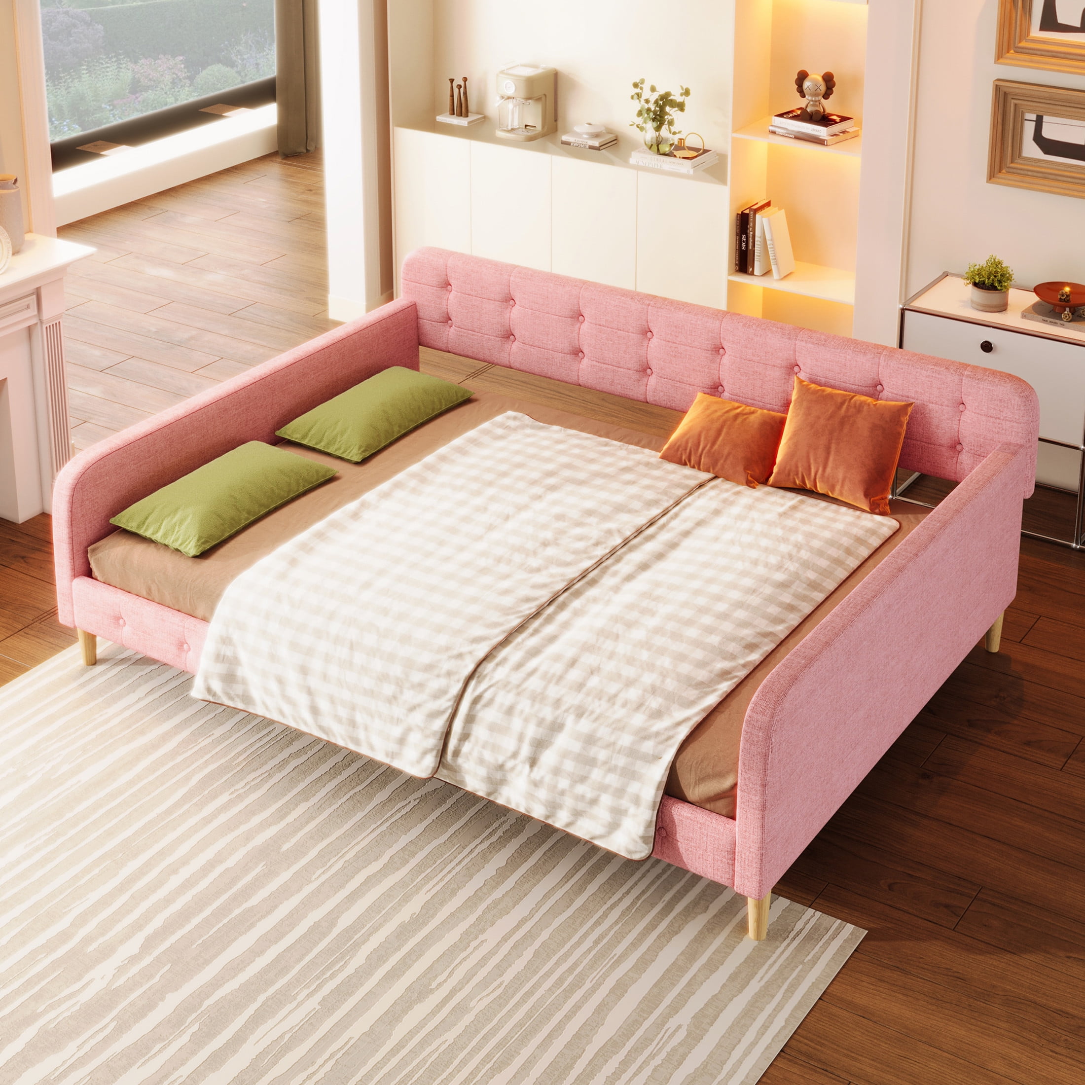 Noble House Havina Queen Upholstered Daybed, Button Tufted Linen Sofa Guest Bed with Slat Support Frame, Pink
