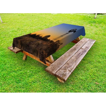 Kalahari Outdoor Windmill Outdoor Tablecloth, Sunset in Kalahari Peaceful Outdoors Agriculture Rural Nature Image, Decorative Washable Fabric Picnic Table Cloth, 58 X 84 Inches,Blue Brown and Marigold, by Ambesonne ()