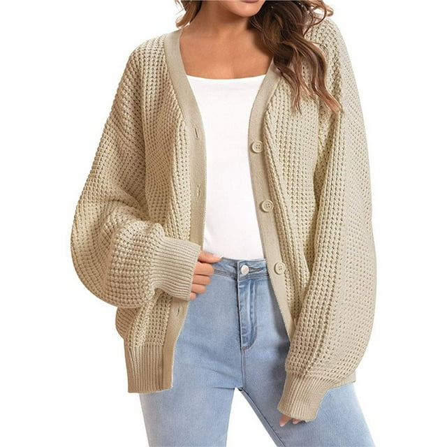 Cárdigan de Punto Grueso para Mujer, Larga, Cuello en V, Botones, con Bolsillo, para Otoño e Invierno Caqui M
