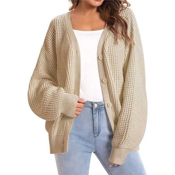 Cárdigan de Punto Grueso para Mujer, Larga, Cuello en V, Botones, con Bolsillo, para Otoño e Invierno Caqui XXXL
