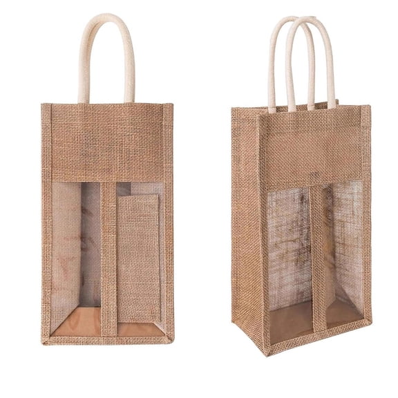 Aoqianlan 2PCS for Jute Wine Bottle Bags with Window and Handles for Party Wedding Christmas