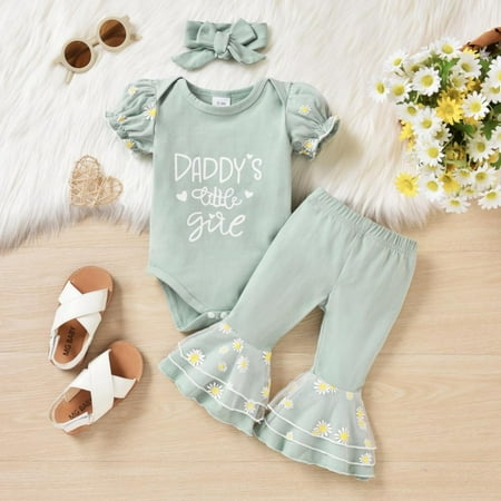 

Promotion!Newborn Baby Girl Floral Clothes Toddler Ruffle Sleeve Romper Flared Pants + Bowknot Headband