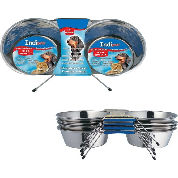 INDIPETS Double Diner Wire Frames with Two Dishes: Pet Water and Food Bowl | 3 Quart, Stainless Steel (PN: AW800037)