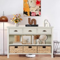 Glavbiku Vintage Console Table with 3 Drawer & 3 Woven Basket,Accent Side Table for Entryway,White
