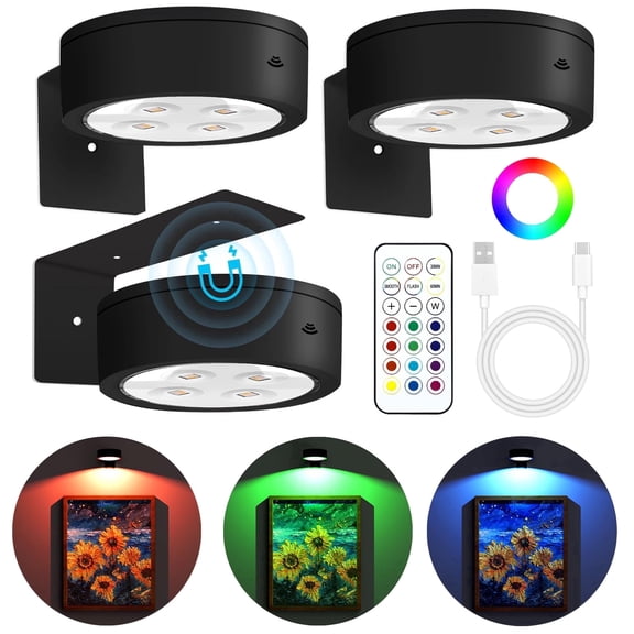Alficedo 3 Pack RGB Picture Lights for Wall, Rechargeable Painting Lights Support 2 Dynamic Modes and 13 RGB Color for  Displaying Art Works/Paintings/Photos/Wall Decorations