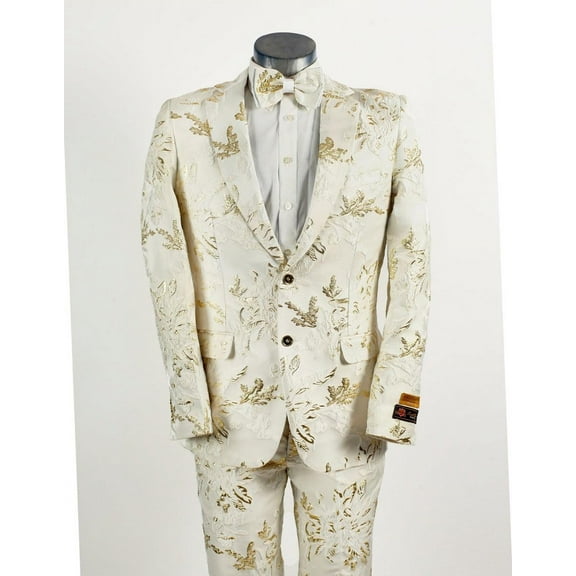 Mens 2 Button White with Gold Foil Floral Paisley Prom and Wedding Tuxedo
