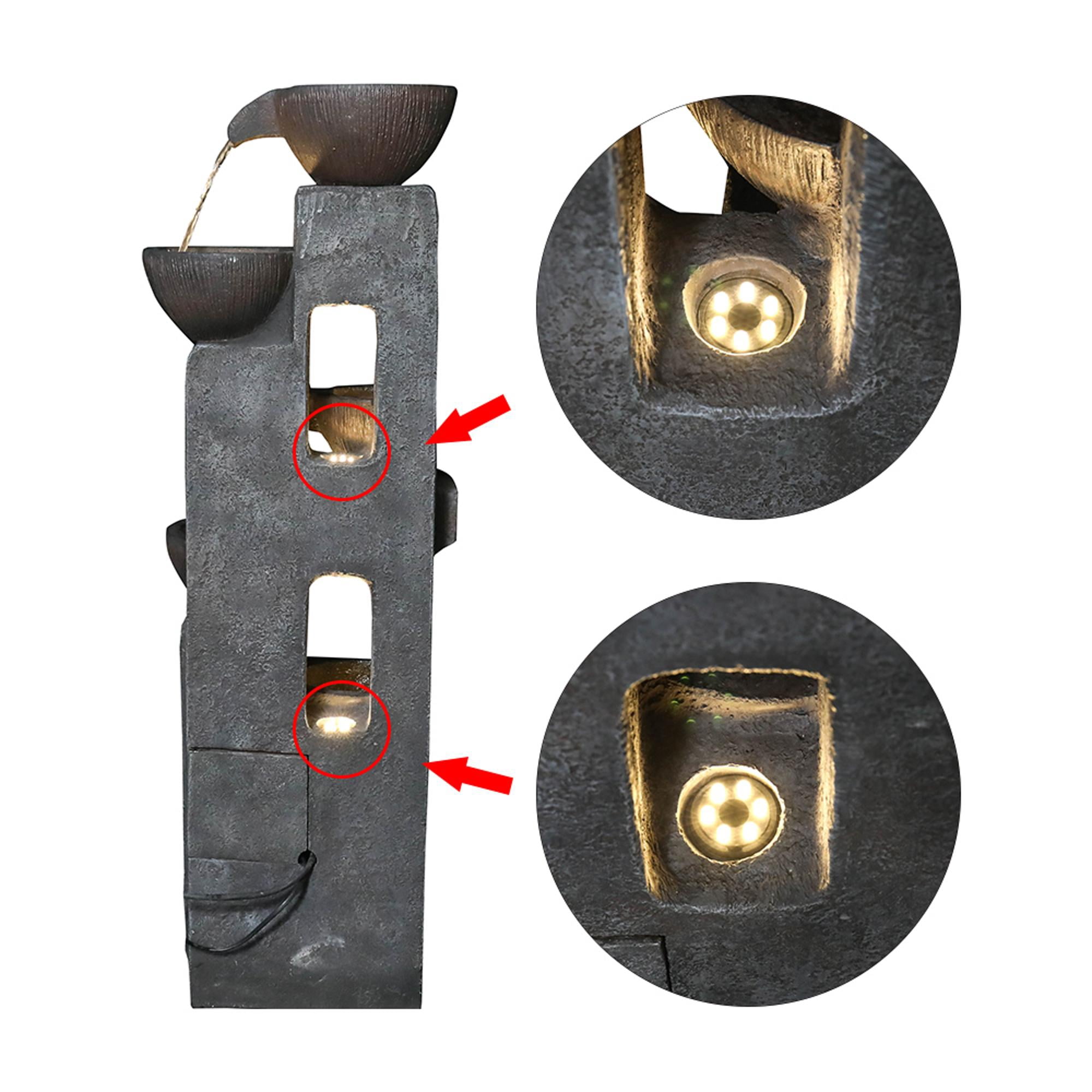 Fountains 5-Tier Modern Rustic Indoor & Outdoor Fountain, Dark Brown Finish with LED Lights | Resin | Tiered Waterfall