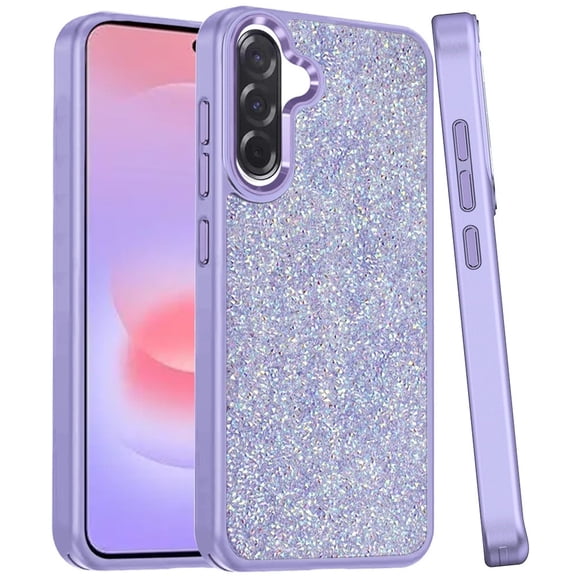Phone Case for Galaxy A37 Crystal Glass Bling Diamond Metallic Edge Shockproof Durable Protective Clear Hybrid Stylish Premium Design Cover purple