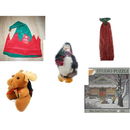 Christmas Fun Gift Bundle [5 Piece] -  Elf Hat w/ Jingle Bell -  Time Red Beaded Garland 18' Feet - Penguin 