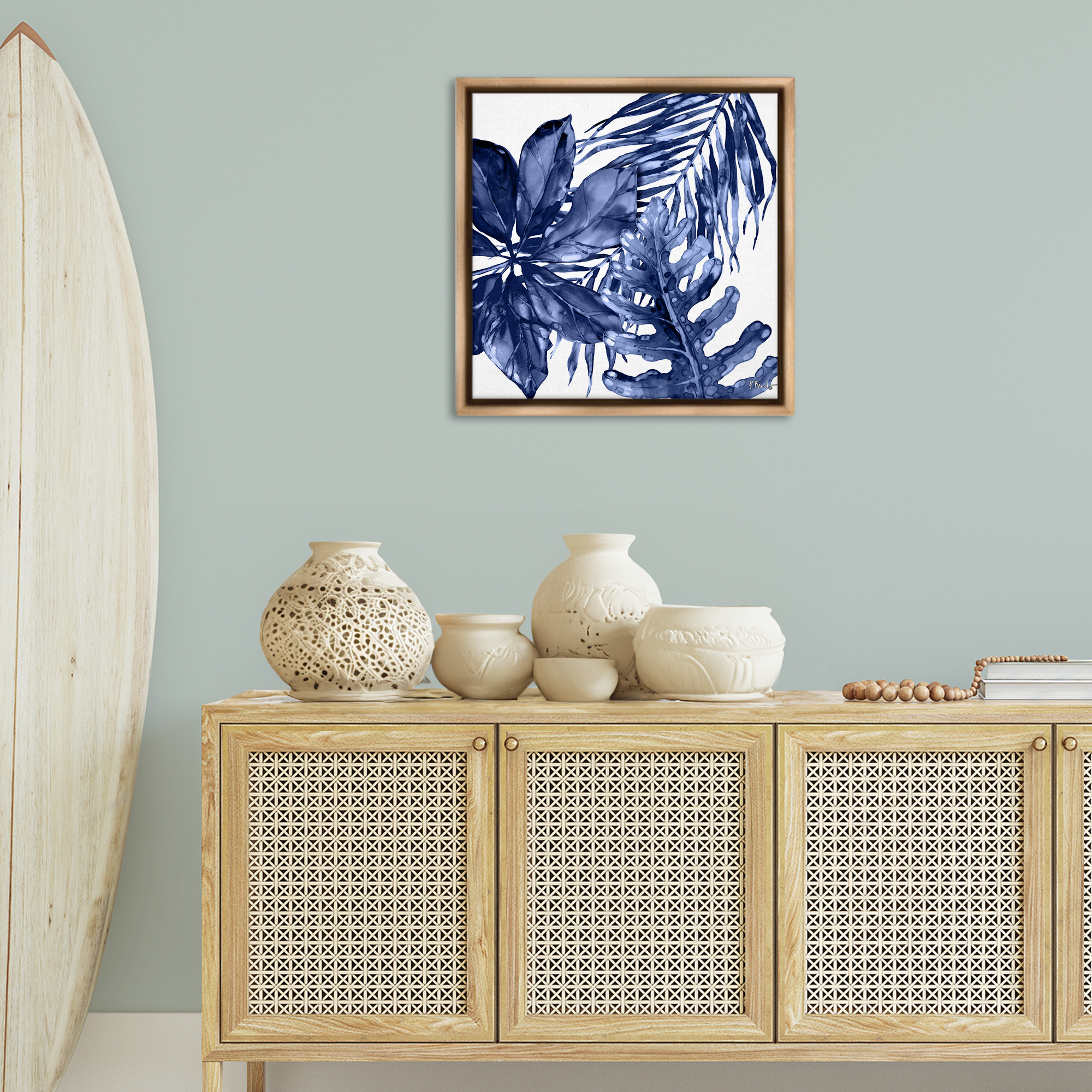 Stupell Industries Blue Hued Plant Leaves Botanical & Floral Painting Brown Floater Framed Canvas Art Print Wall Art, 25 x 25