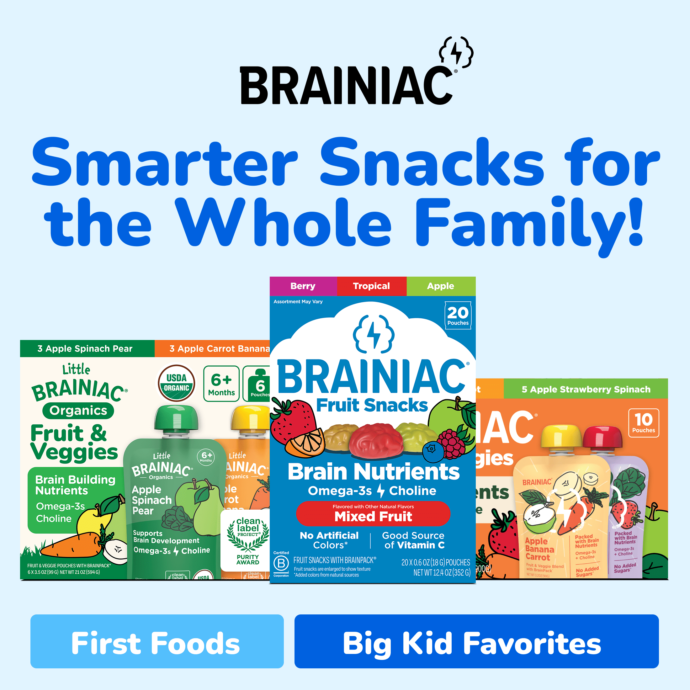 Little Brainiac Neuro+ Smoothie Baby Food Pouch with Omega-3s and Prebiotics, Blueberry Banana Oat, 3.5oz, 6ct