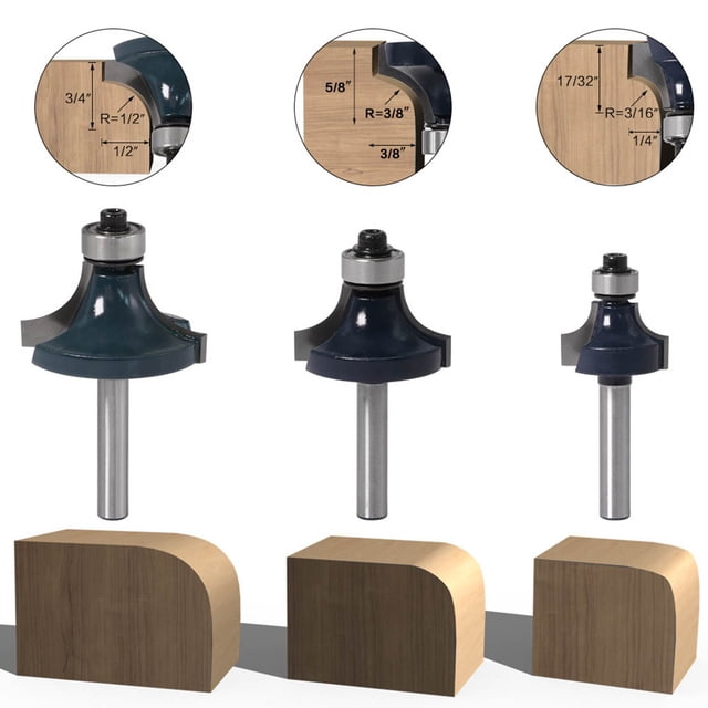 Round 3pcs Corner Round Over Router Bit 1/4 Inch Shank with Bearing Woodworking Milling Cutter