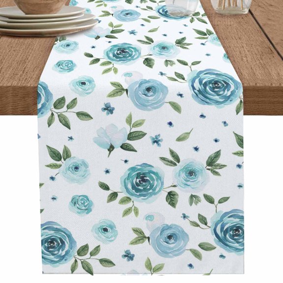 nqOlkjepod Turquoise Flowers Table Runner 60 Inches Long Farmhouse Dress Scarves, Modern Botanical Floral Leaves Plants Dining Tablerunner for Coffee Table/Kitchen Island/Party Décor, 13" x 60"