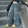 thumbnail image 2 of Ruyang Kids Cargo Jeans Multi Pockets Baggy Wide Leg Vintage Denim Pants Teen Girls High Waist Straight Streetwear Jeans, 2 of 9