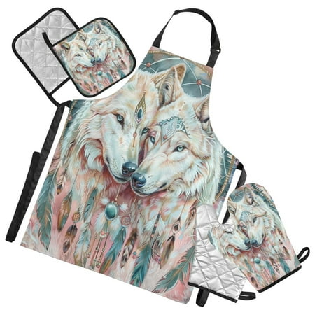 5 Pcs Kitchen Set Heat Resistant Oven Mitts and Non-Slip Pot Holders with Adjustable Cooking Apron Beautiful Wolves with Feather