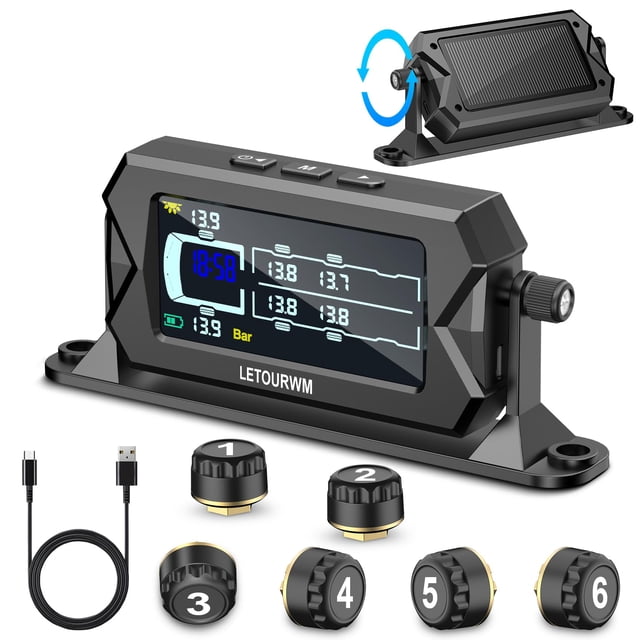 Sistema de control de presión de neumáticos LETOURWM con 6 sensores solares USB-C