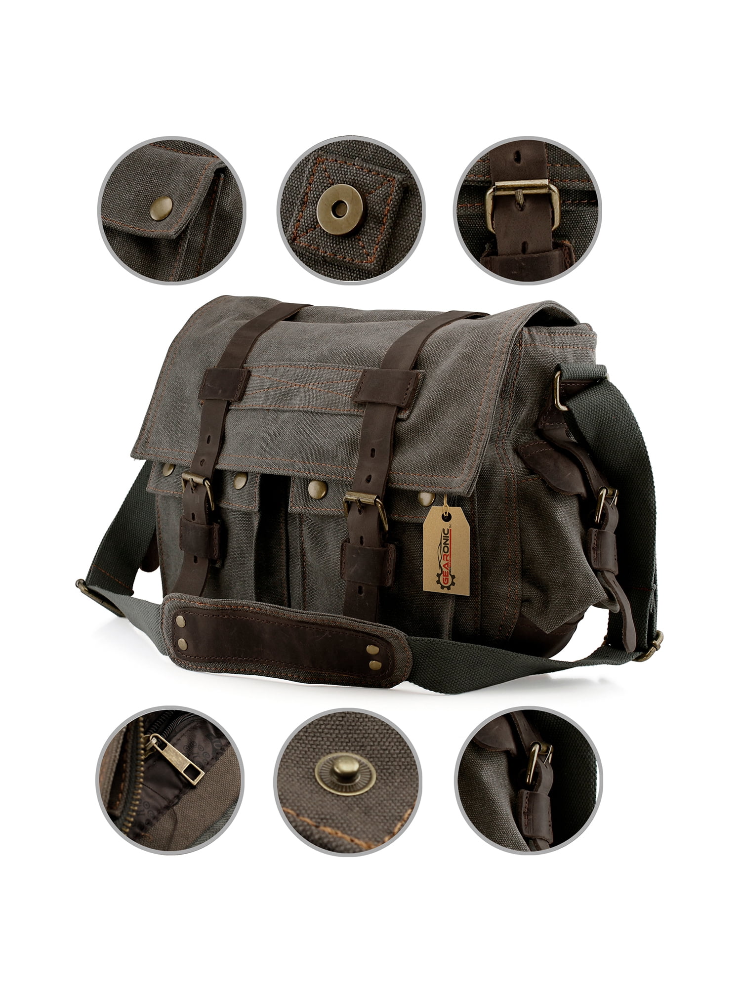 Gearonic - Men&#39;s Vintage Canvas and Leather Satchel School Military Shoulder Bag Messenger ...