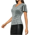 thumbnail image 6 of Xdegoge Women's Sequin Tops V Neck Flutter Short Sleeve Shirts Stretchy Slim Fit Sparkly Party Blouse for Evening, Wedding, Cocktail Outfits, 6 of 9