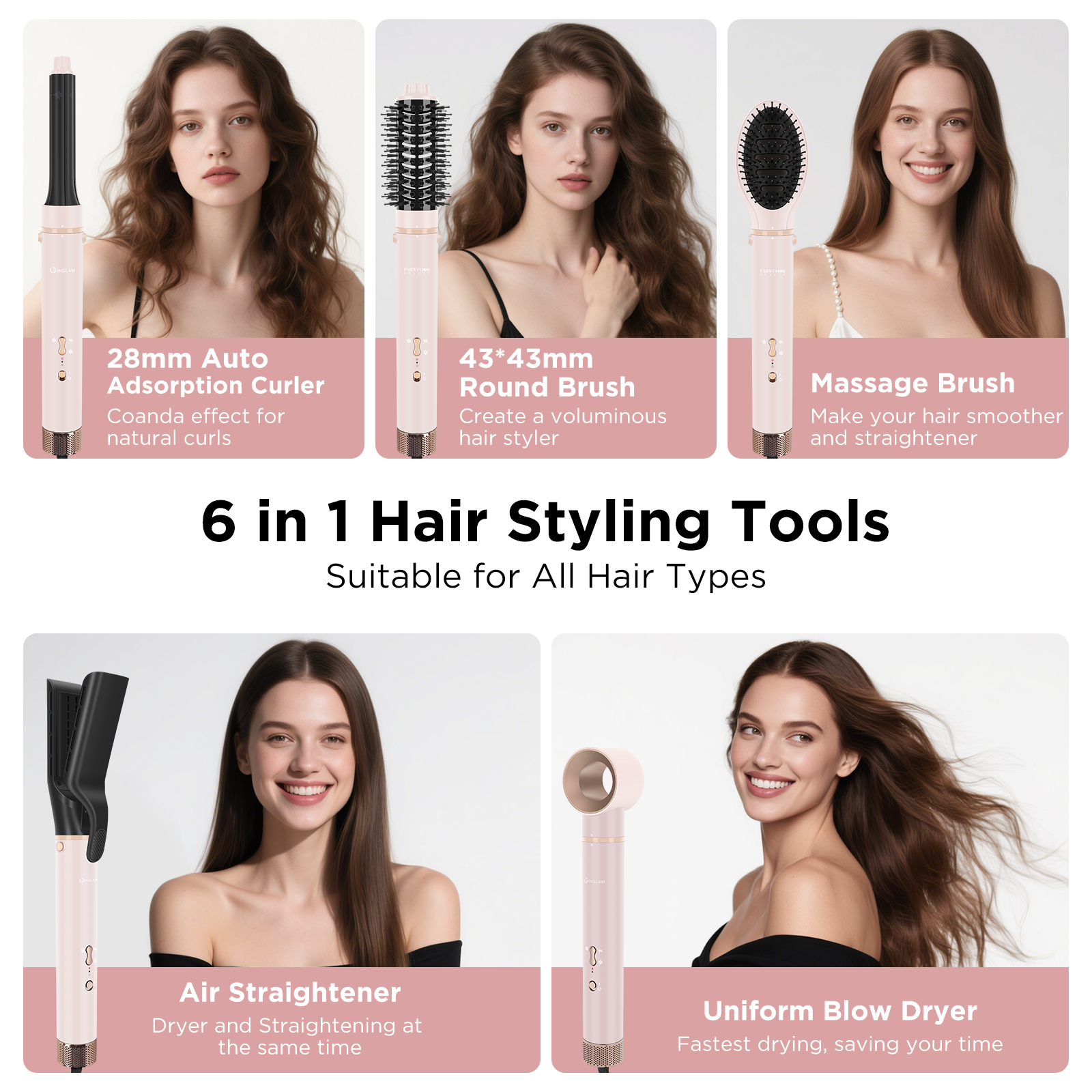 IG INGLAM 6 in 1 Hair Dryer Brush, No Hot Plate Air Straightener, Volumizer Hot Air Styler, High-Speed Hair Dryer, Massage Brush and Auto Wrap Curlers, Pink