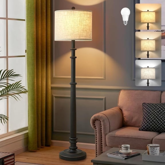 NATYSWAN Floor Lamps for Living Room,60" Vintage Farmhouse Floor Lamp 3-Color Temperature Standing Lamps with Linen Shade Rustic Retro Tall Light for Bedroom Office