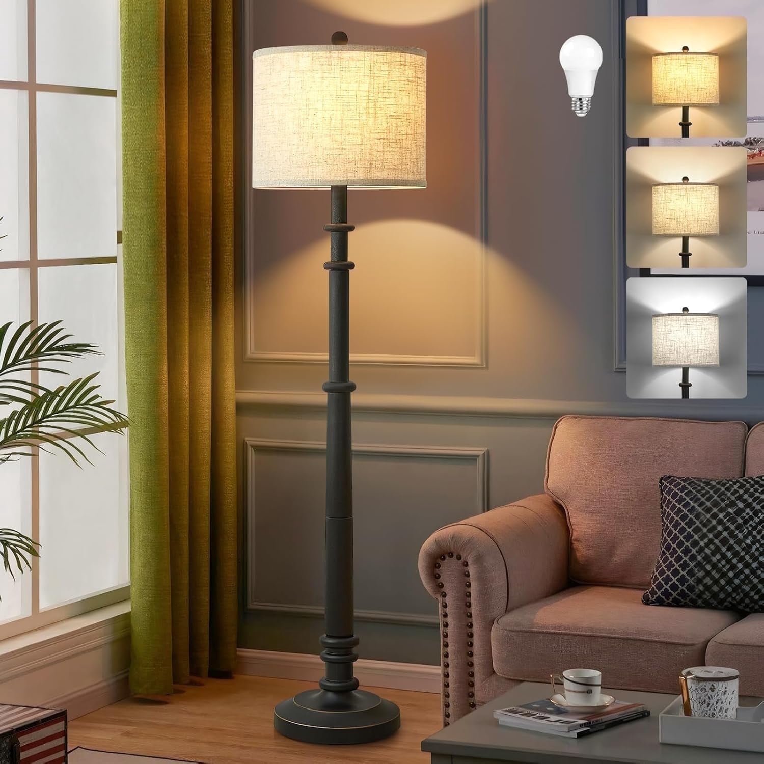 NATYSWAN Floor Lamps for Living Room,60" Vintage Farmhouse Floor Lamp 3-Color Temperature Standing Lamps with Linen Shade Rustic Retro Tall Light for Bedroom Office