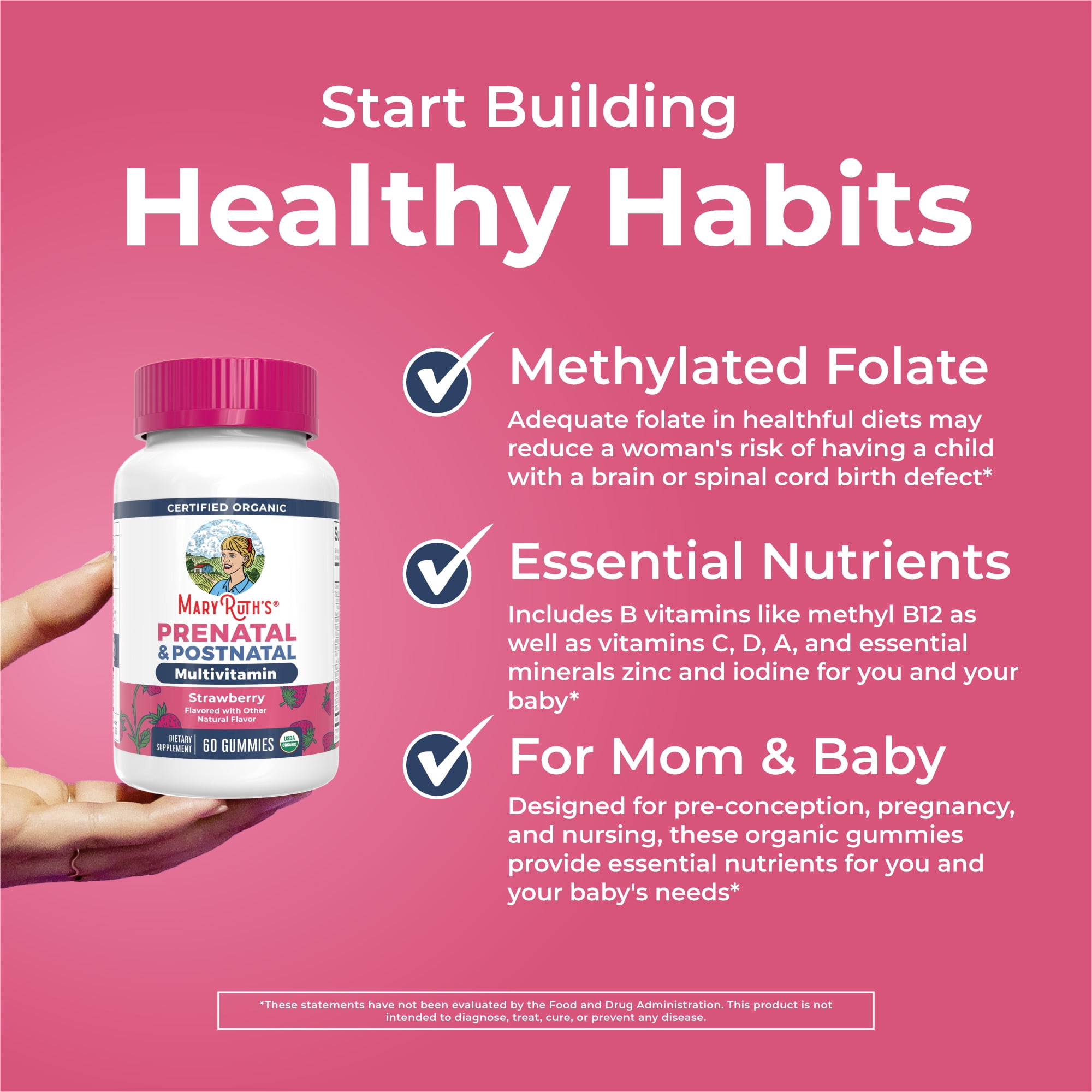 MaryRuth's Prenatal Postnatal Multivitamin Gummies for Women Organic Strawberry Vegan 60 Count