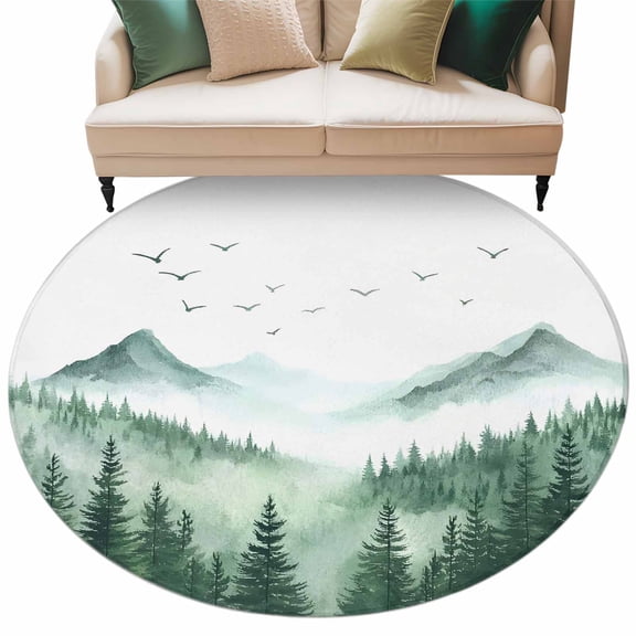 Watercolor Forest Round AreaRug 8ft Green Trees Bird Mountains Non-SlipWashable Circle Rugs Soft Felt Indoor Floor Mat for Bedroom Kitchen Living Room Bathroom