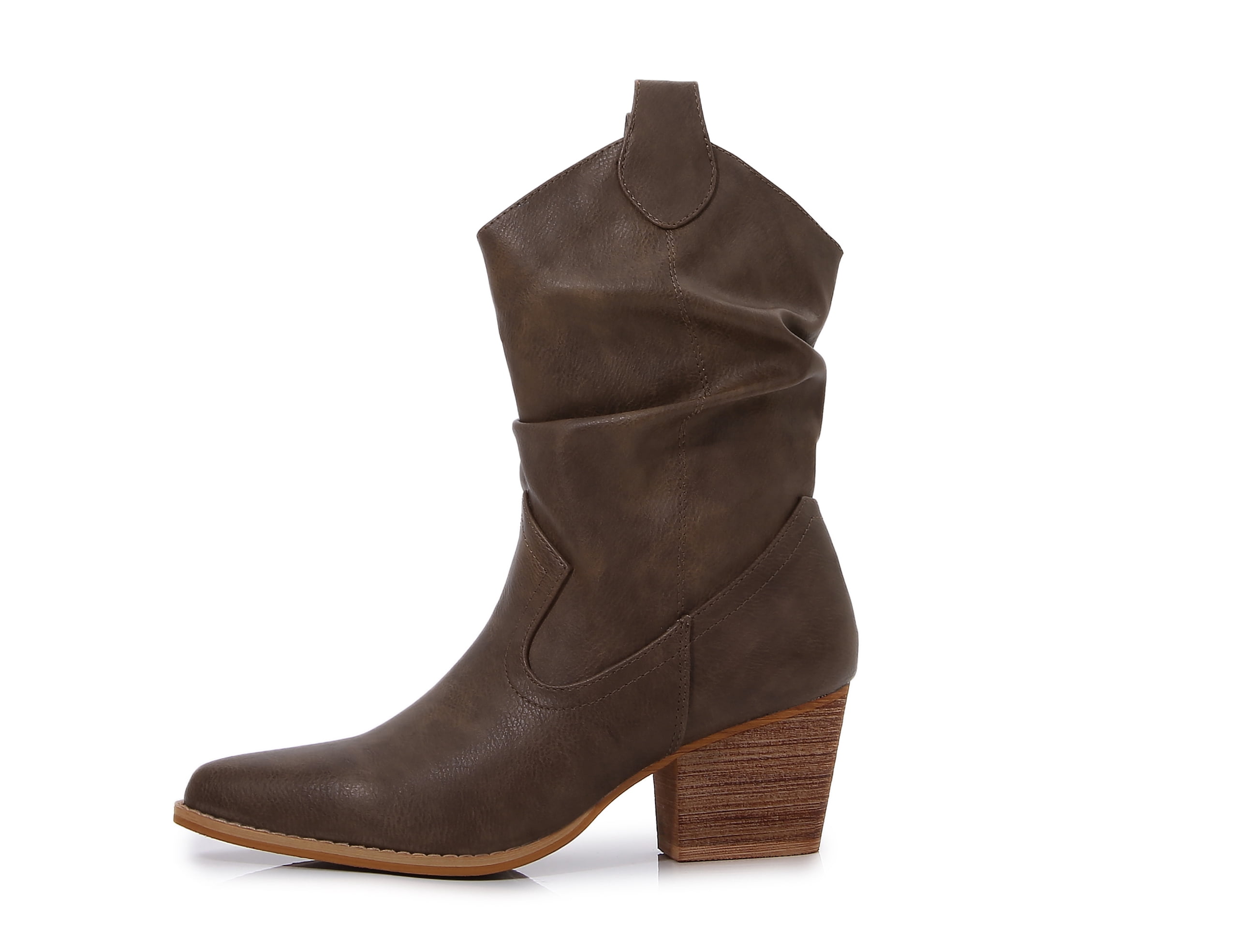 Premium PU Leather Wooden Heel Long Chelsea Boots (Khaki, 7)