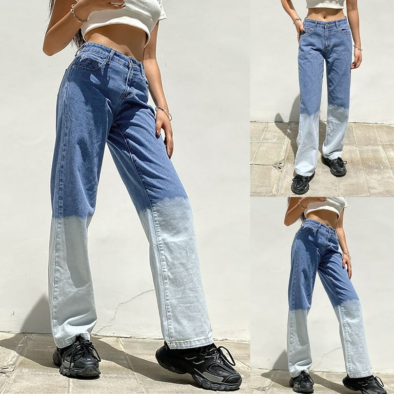 XIAOFFENN Jeans Pants For Women Woman'S Casual Full-Length Loose Pants  Womwen' Stitching High-Waisted Slimming High Street Denim Wide-Leg Pants  Flare Jeans For Women 