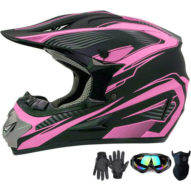 Motocross Helmet,Youth Kids Trend Full Face Helmet,ATV Motorcycle Helmet,Dirt Bike Downhill Off-Road Mountain Bike Helmet,DOT Certified,4-Piece Set (Pink, S)