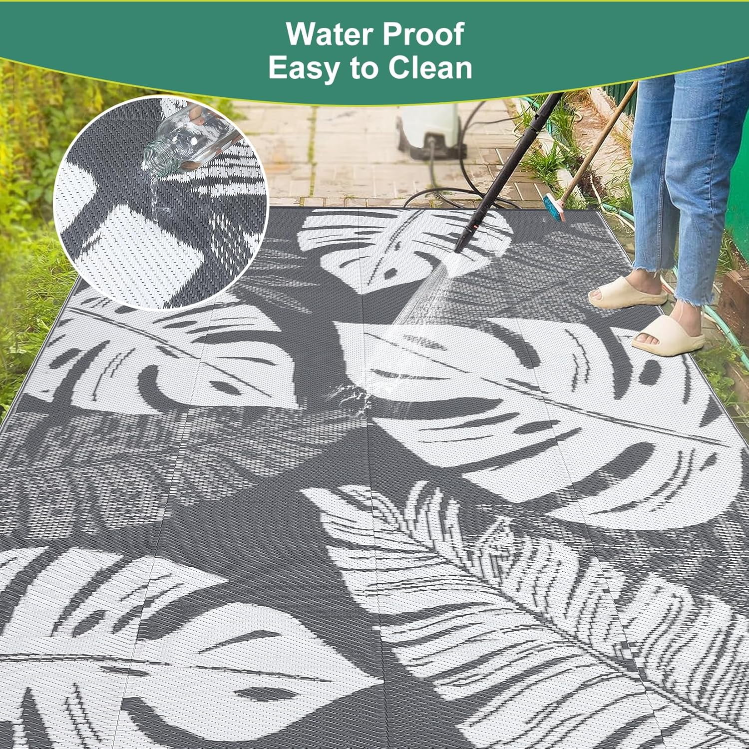Funslane Outdoor Rug 10' x 14', Waterproof Plastic Straw Mat, Foldable & Reversible, Indoor Outdoor Rugs for Patio, Deck, RV, Beach, Picnic, Gray/White