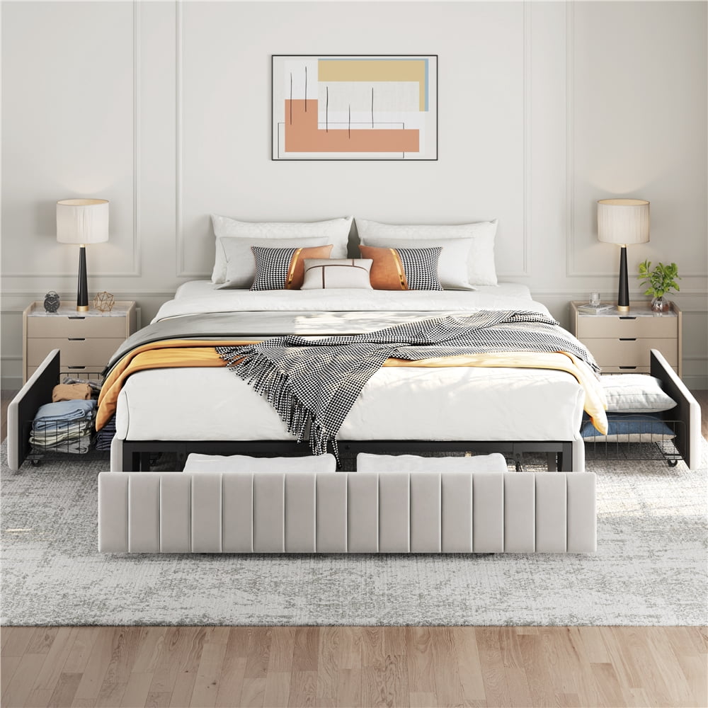 Fullfurnique Upholstered Platform Bed Frame with Three Storage Drawers, Queen, Beige